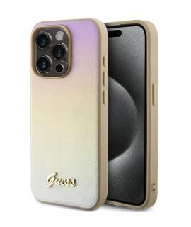 Guess PU Leather Iridescent Metal Script Zadný Kryt pre iPhone 15 Pro Max Gold