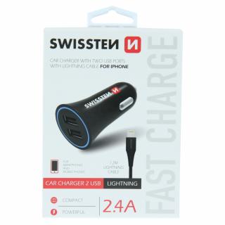 Swissten autonabíjačka 2,4A, 2x USB s lighting káblom