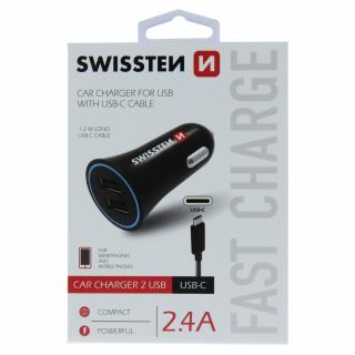Swissten autonabíjačka 2,4A, 2x USB s USB-C káblom