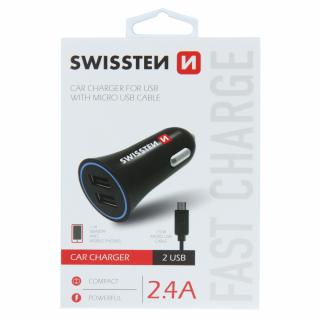 Swissten autonabíjačka USB, 2,4 A, 2x USB s micro USB káblom