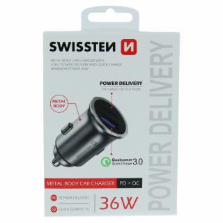 Swissten autonabíjačka USB-C + Quick charge 36W - strieborný