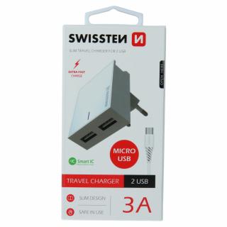 Swissten sieťový adaptér 2xUSB, 3A + Dátový kábel USB/Micro USB 1,2m - biely