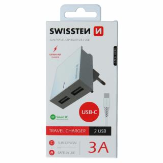 Swissten sieťový adaptér 2xUSB, 3A + Dátový kábel USB/Type USB-C 1,2 m - biely