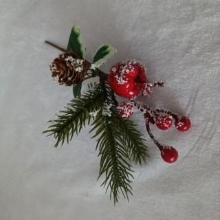 Vianočná vetvička zasnežená čečina, červené bobule, jablko a šiška
