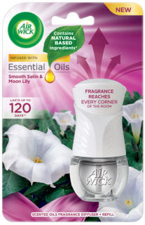 Air Wick Essential Oils Smooth Satin  Moon Lily Jemný satén a měsíční lilie elektrický osvěžovač vzduchu komplet 19 ml