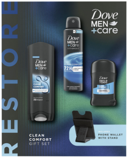Dove darčeková sada Men+Care Clean Comfort sprchovací gél 250 ml, antiperspirant 150 ml, tuhý antiperspirant 50 ml, peňaženka na mobil