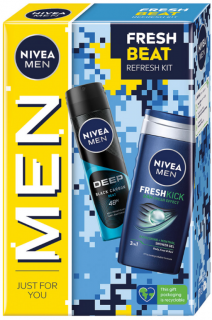 Nivea Men Fresh Beat, Sprchovací gél , 250 ml, sprchovací gél Men Fresh Kick 250 ml + antiperspirant Men Deep Beat 150 ml