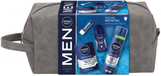 NIVEA Men Protect Roll-on 50 ml + gél na holenie 200 ml + balzam po holení 100 ml + balzam na pery 4,8 g + kozmetická taška Darčekové balenie