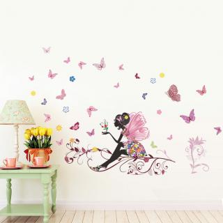 Samolepka na stenu  Dievča s krídlami a motýlmi  120x80 cm