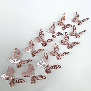 Samolepka na stenu  Metalické Motýle - Ružové  12 ks 8-12 cm