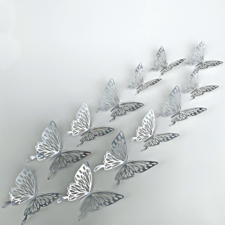 Samolepka na stenu  Metalické Motýle - Strieborné 3  12 ks 8-12 cm