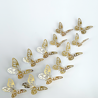 Samolepka na stenu  Metalické Motýle - Zlaté 2  12 ks 8-12 cm