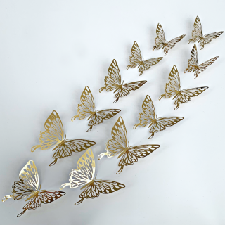Samolepka na stenu  Metalické Motýle - Zlaté 3  12 ks 8-12 cm