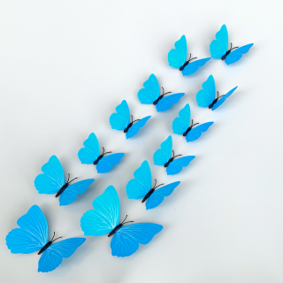Samolepka na stenu  Plastové 3D Motýle - Modré  12ks 6-12 cm