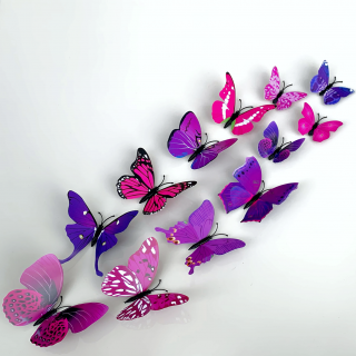 Samolepka na stenu  Realistické plastové 3D Motýle - Fialové  12ks 5-12 cm