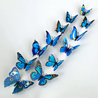 Samolepka na stenu  Realistické plastové 3D Motýle - Modré  12ks 5-12 cm