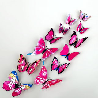 Samolepka na stenu  Realistické plastové 3D Motýle - Ružové  12ks 5-12 cm
