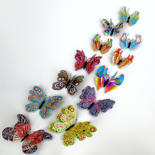Samolepka na stenu  Realistické plastové 3D Motýle s dvojitými krídlami - Farebné  12ks 6-12 cm