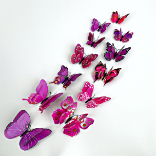 Samolepka na stenu  Realistické plastové 3D Motýle s dvojitými krídlami - Fialové  12ks 6-12 cm