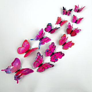 Samolepka na stenu  Realistické plastové 3D Motýle s dvojitými krídlami - Ružové  12ks 6-12 cm