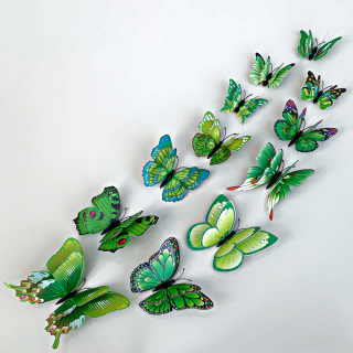 Samolepka na stenu  Realistické plastové 3D Motýle s dvojitými krídlami - Zelené  12ks 6-12 cm