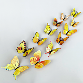 Samolepka na stenu  Realistické plastové 3D Motýle - Žlté  12ks 5-12 cm