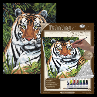 Maľovanie podľa čísiel na plátno formát A4 - Schovaný tiger (Sada na maľovanie podľa čísiel na plátno Royal Langnickel - A4)