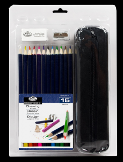 Sada farebných ceruziek na kreslenie s peračníkom  - sada 15 ks (Sada farebných ceruziek na kreslenie s peračníkom Royal Langnickel)