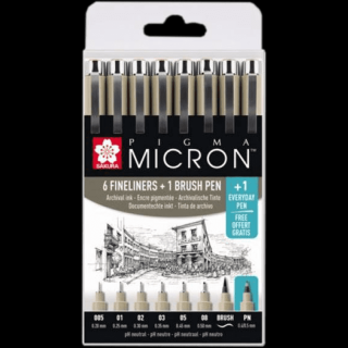 Sada technických pier SAKURA Pigma Micron - 7+1ks ZDARMA (Sakura Pigma Micron 6 Fineliners + 1 Brushpen + 1 Everyday pen)