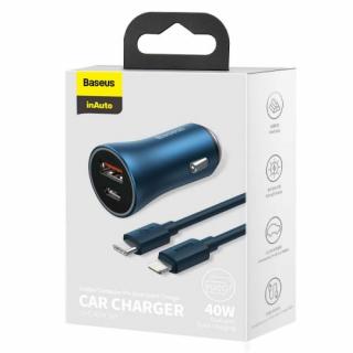 Baseus Car Charger Golden Contactor Pro Dual Quick Charger U+C, PD 3.0, QC 4+, SCP FCP AFC (with Type-C - Lightning 1m Blue) 40W blue (TZCCJD-03)