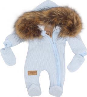 Luxusná kojenecká kombinéza pletená modrá  s kožušinkou