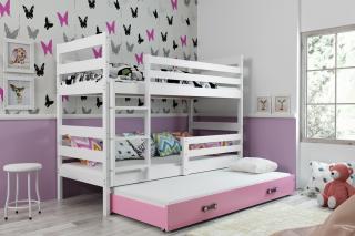 Detská poschodová posteľ s prístelkou ERYK biela Ružová, 190x80 cm
