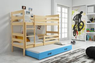 Detská poschodová posteľ s prístelkou ERYK borovica Modrá, 190x80 cm