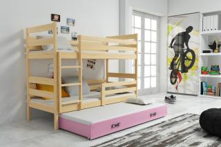 Detská poschodová posteľ s prístelkou ERYK borovica Ružová, 190x80 cm