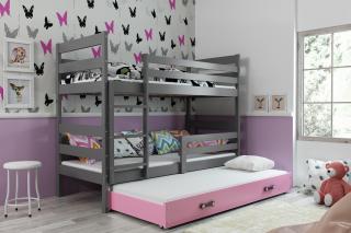 Detská poschodová posteľ s prístelkou ERYK grafit Ružová, 190x80 cm