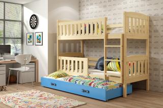 Detská poschodová posteľ s prístelkou KUBUS borovica Modrá, 190x80 cm