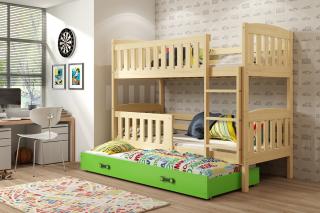 Detská poschodová posteľ s prístelkou KUBUS borovica Zelená, 200x90 cm