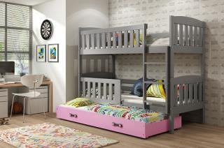Detská poschodová posteľ s prístelkou KUBUS grafit Ružová, 190x80 cm