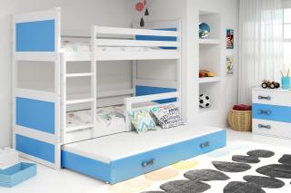 Detská poschodová posteľ s prístelkou RICO biela Modrá, 190x80 cm