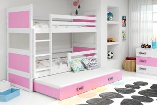 Detská poschodová posteľ s prístelkou RICO biela Ružová, 200x90 cm