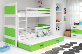 Detská poschodová posteľ s prístelkou RICO biela Zelená, 190x80 cm