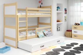 Detská poschodová posteľ s prístelkou RICO borovica Biela, 190x80 cm