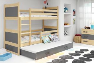 Detská poschodová posteľ s prístelkou RICO borovica Grafit, 190x80 cm