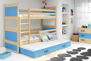 Detská poschodová posteľ s prístelkou RICO borovica Modrá, 190x80 cm