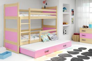 Detská poschodová posteľ s prístelkou RICO borovica Ružová, 200x90 cm