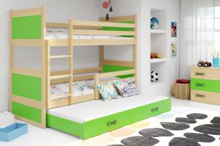 Detská poschodová posteľ s prístelkou RICO borovica Zelená, 200x90 cm