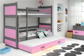 Detská poschodová posteľ s prístelkou RICO grafit Ružová, 200x90 cm
