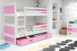 Detská poschodová posteľ s úložným priestorom RICO biela Ružová, 190x80 cm