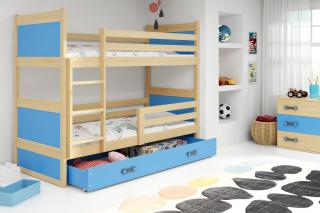 Detská poschodová posteľ s úložným priestorom RICO borovica Modrá, 190x80 cm