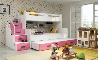 Rozšírená poschodová posteľ s prístelkou MAX 3 200x120 biela Ružová